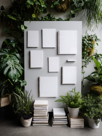 Blank notebooks of various sizes are neatly arranged on a wall, complemented by vibrant indoor plants, creating a tranquil workspace filled with natural light.の素材