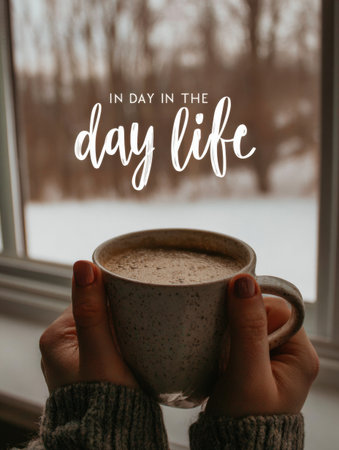 Holding a steaming cup of coffee, a person enjoys the tranquility of a cozy indoor setting, surrounded by a winter landscape visible through the window.の素材