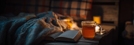 A warm beverage sits beside an open book on a rustic table, creating a cozy atmosphere in a dimly lit space adorned with soft blankets and candles.の素材