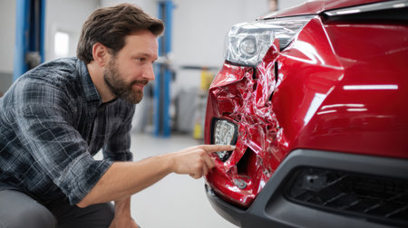 A man examines the crumpled front bumper of a red car in an automotive repair shop, pointing at the damage with a concerned expression.の素材