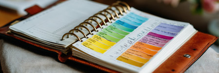 A planner opened to reveal colorful tabs, organized notes, and a clean layout, placed on a wooden table, illuminated by natural light.の素材
