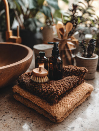 A tranquil spa arrangement featuring a wooden bowl, plush towels, and essential oil bottles, surrounded by greenery in a cozy indoor space.の素材
