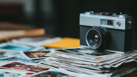 A classic camera sits on a pile of vibrant photos, capturing memories in a warm, inviting space filled with nostalgia and creativity.の素材