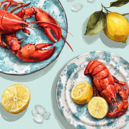 Two vibrant lobsters presented on blue and white plates, accompanied by fresh lemon slices, creating a colorful display for a summer gathering.の素材