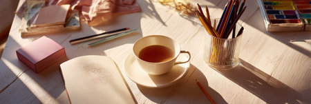 A bright workspace is filled with colored pencils, a sketchbook, and a cup of tea, illuminated by warm afternoon sunlight, inviting creativity.の素材