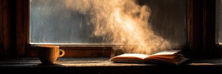 Morning sunlight streams through a window, creating a cozy cup atmosphere with steam rising from a warm of coffee next to an open book on a wooden surface.の素材