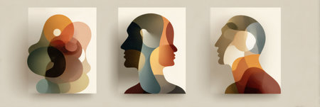 Vibrant silhouettes of human heads and abstract shapes are arranged artistically on a light background, showcasing a blend of colors and forms.の素材