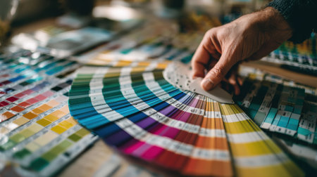 A hand is reaching out to choose from a vibrant array of color swatches, showing various shades in an artistic workspace filled with natural light.の素材