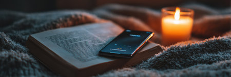 A relaxed atmosphere featuring a book resting on a soft blanket alongside a lit candle and a smartphone displaying content, creating a warm ambiance.の素材