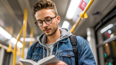 A young man with glasses is deeply focused on reading a book as he stands on a public transport vehicle, surrounded by a quiet atmosphere.の素材