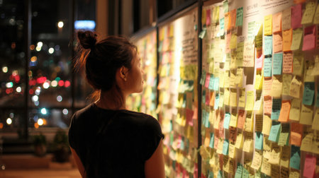 Woman stands in front of a wall covered with bright sticky notes, reflecting on the messages while city lights twinkle in the background.の素材