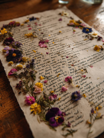 Handwritten notes embellished with pressed flowers create a charming composition on a wooden table, showing artistic expression and natures elegance.の素材