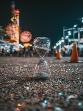 An hourglass filled with sand captures attention on a sparkling ground, while colorful lights and fireworks enhance the festive atmosphere of the celebration.の素材