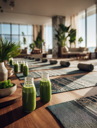 A bright wellness studio features green smoothies on wooden surfaces, with yoga mats arranged for a calming class in a serene atmosphere filled with plants.の素材