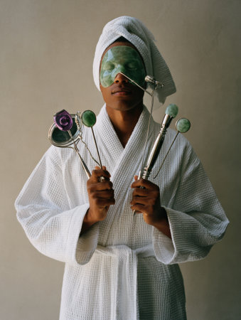 In a tranquil spa environment, a wellness enthusiast showcases various facial massage tools while wearing a robe and a towel on the head.の素材