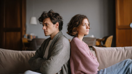 A young couple sits back to back on a couch in a cozy living room, showing emotional distance and disagreement. The atmosphere feels tense and unresolved.の素材