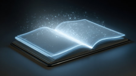 An open book emits a soft glow with sparkling elements, creating a mystical atmosphere. The dark background enhances the enchanting scene of creativity.の素材