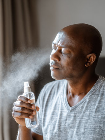A man inhales the soothing mist from a spray bottle, enjoying a refreshing moment in a comfortable indoor space under soft lighting.の素材