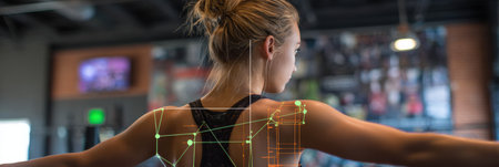 Athlete trains in a gym while digital overlays provide insights into technique and performance metrics, enhancing skill development and analysis.の素材
