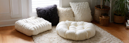 Soft cushions and fluffy pillows are arranged on a plush rug in a cozy corner, with natural light streaming through the window, creating a welcoming atmosphere.の素材