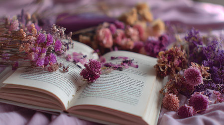 An open book lies on soft pink fabric, surrounded by an array of colorful dried flowers, setting a tranquil and artistic scene ideally suited for reading.の素材