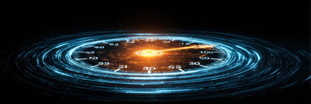 Futuristic speedometer design reveals glowing lights and dynamic motion, illustrating the concepts of speed and time in a digital universe.の素材