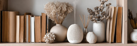 A cozy living room features a wooden shelf with a smart speaker, dried flowers in vases, and neatly arranged books, creating a warm atmosphere.の素材