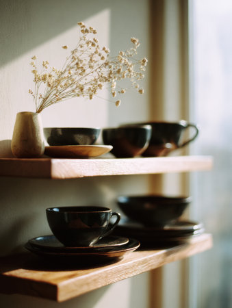 Sunlight illuminates a wooden shelf displaying black ceramic cups and saucers alongside a minimalist vase with dried flowers, creating a serene atmosphere.の素材
