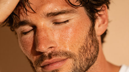 A male model showcases a serene expression with closed eyes while glistening skin indicates hydration, capturing the essence of relaxation in a studio.の素材