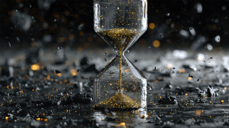 An hourglass stands with golden sand flowing slowly inside, surrounded by dark rocks and sparkling particles, creating a captivating contrast.の素材