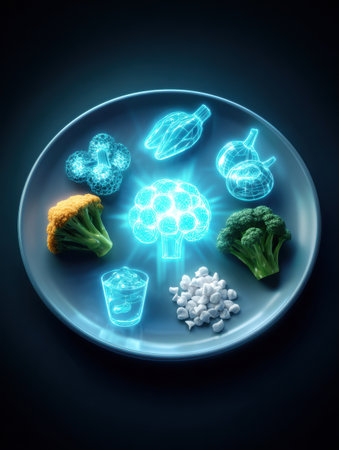 An artistic nighttime display features a plate of vibrant vegetables and grains, showing broccoli and cauliflower with a glass of water.の素材