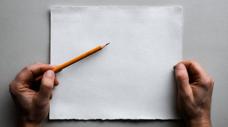 Hands grasp a pencil poised above pristine blank paper, indicating a moment of inspiration and readiness to engage in artistic or written expression indoorsの素材