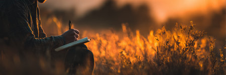 A person writes intently in a notebook while surrounded by tall grass at sunset, with warm, golden light illuminating the peaceful landscape.の素材