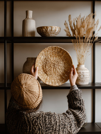 Individual carefully places a woven basket on a shelf, surrounded by elegant pottery and dried floral arrangements, creating a warm and inviting atmosphere.の素材