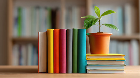 Colorful books in various shades are arranged neatly alongside a small green plant in a terracotta pot, creating a peaceful atmosphere for reading.の素材