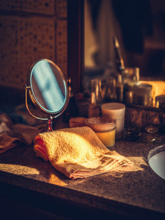 Sunlight streams onto a bathroom counter cluttered with towels, beauty products, and a mirror, capturing a peaceful morning ambiance full of warmth.の素材