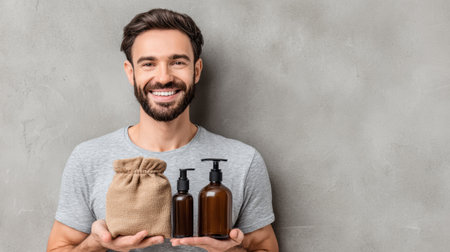 A man with a friendly smile showcases various natural grooming products, including bottles and a pouch, against a minimalist gray backdrop.の素材