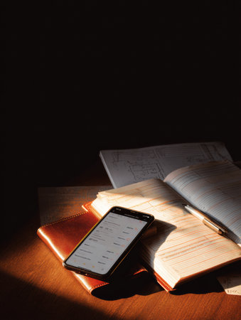A smartphone rests on an open notebook with a pen nearby, all illuminated by warm light in a cozy study setting during the evening.の素材