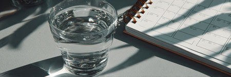 A clear glass filled with water sits near an open calendar, illuminated by soft morning light filtering through shadows, creating a serene atmosphere.の素材