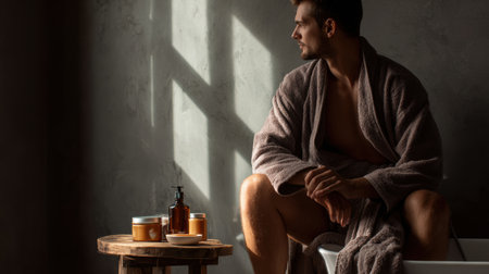 A man in a robe sits thoughtfully near a table with skincare products, bathed in warm sunlight filtering through a window in a peaceful environment.の素材