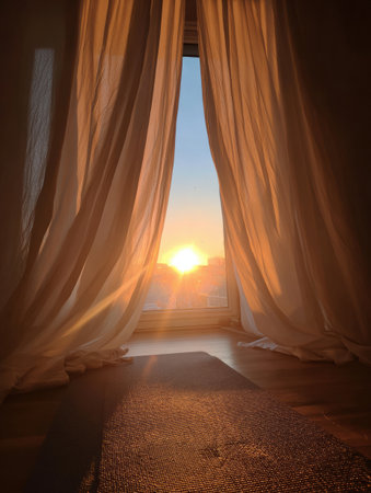Soft light of morning sun streams through sheer curtains, illuminating a serene room and creating a peaceful atmosphere at dawn.の素材