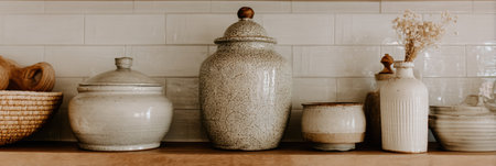 Ceramic jars and bowls are neatly placed on a wooden shelf, illuminated by soft afternoon light, enhancing the cozy atmosphere of the kitchen.の素材