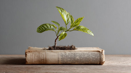 A small green plant with vibrant leaves is growing from the center of an old, worn book resting on a wooden surface, symbolizing growth and knowledge.の素材
