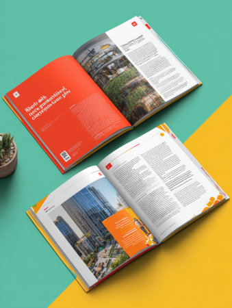 Opened brochures display engaging layouts and imagery, highlighting architectural projects on a bold, colorful desk with a small plant accent.の素材