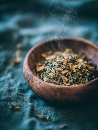 A steaming bowl of herbal mixture sits atop a textured fabric, showing an array of dried herbs and spices in natural tones.の素材