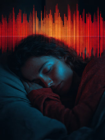 A woman is deeply asleep with her head resting on a pillow while vibrant sound waves in red and orange hues fill the background, adding a tranquil atmosphere.の素材