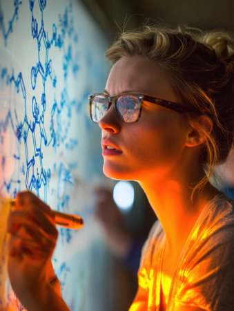 A young woman with glasses intently studies intricate diagrams on a glass board, illuminated by ambient lighting, while engaged in collaborative learning.の素材