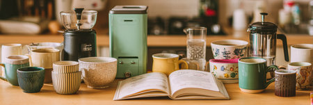 A colorful kitchen countertop features mugs, a coffee grinder, and an open recipe book, hinting at a cozy morning brew.の素材