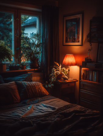 A serene bedroom reflects a cozy ambiance with soft lighting, potted plants near the window, and a bookshelf, creating an inviting environment.の素材