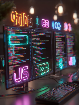 Brightly lit monitors show colorful lines of code in a stylish workspace filled with neon lights, showcasing an engaging coding environment.の素材